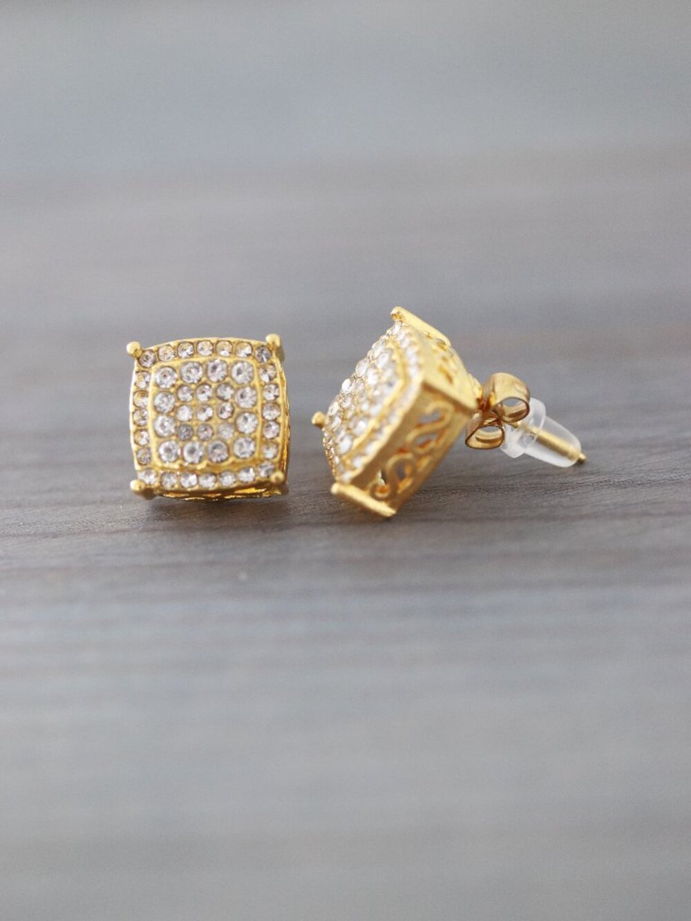 12mm Square Box Pave Style with Side Stones CZ Diamonds Stud Earrings 18k Gold P